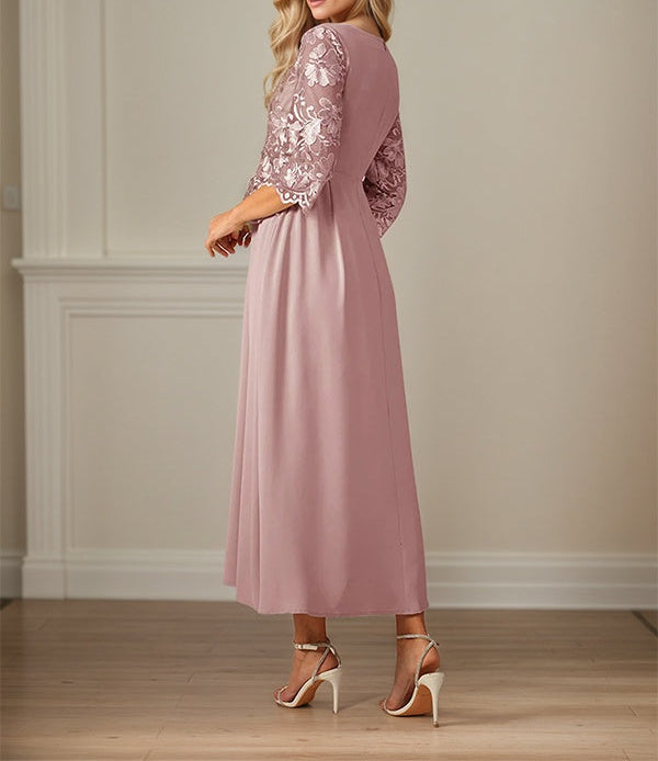 Crew Neck  A Line Ruffle Ruched Lace Maxi Dress Mother Of The Bride Dress