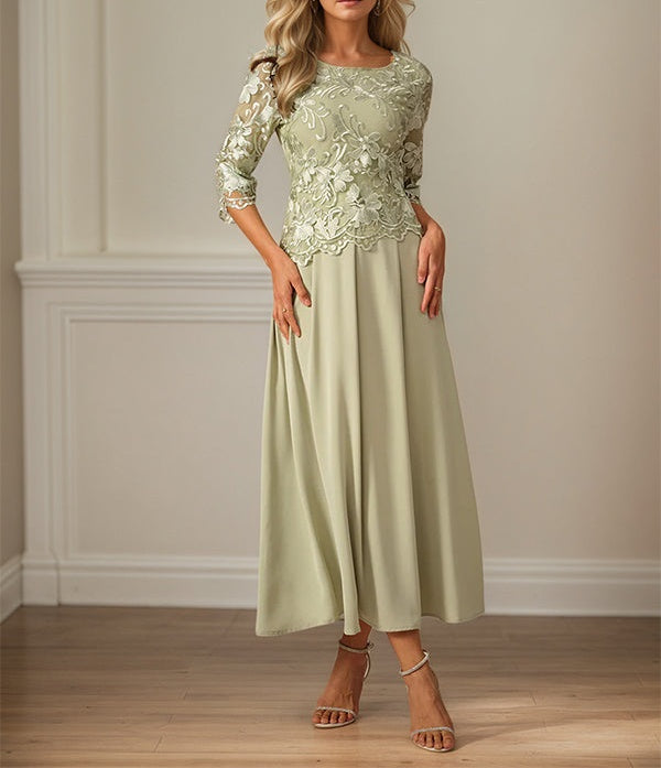 Crew Neck  A Line Ruffle Ruched Lace Maxi Dress Mother Of The Bride Dress