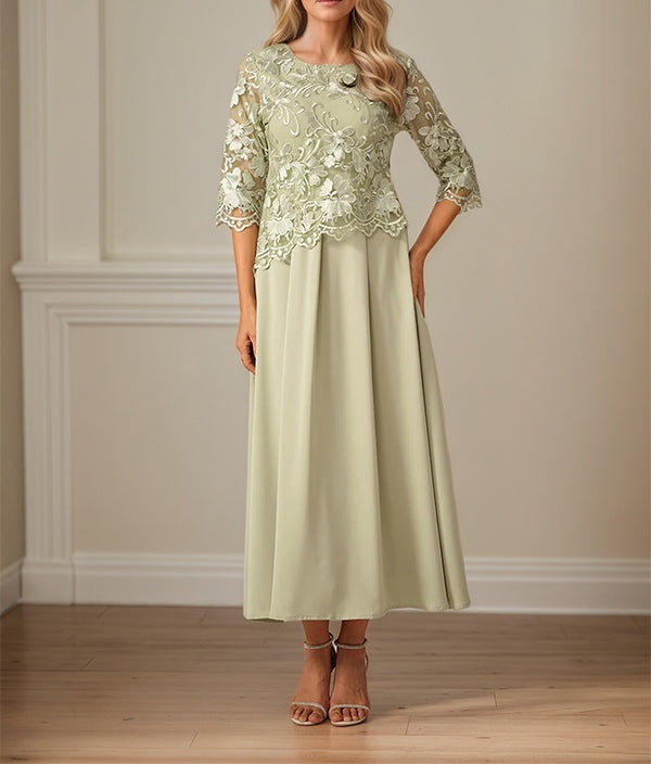 Crew Neck  A Line Ruffle Ruched Lace Maxi Dress Mother Of The Bride Dress