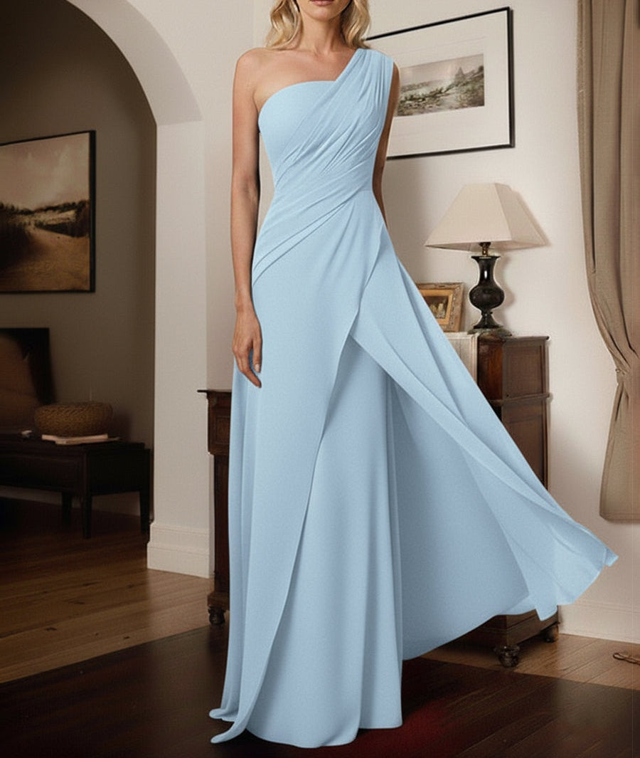 A-Line One-Shoulder Floor-Length Elastic Satin Mother Of The Bride Dress