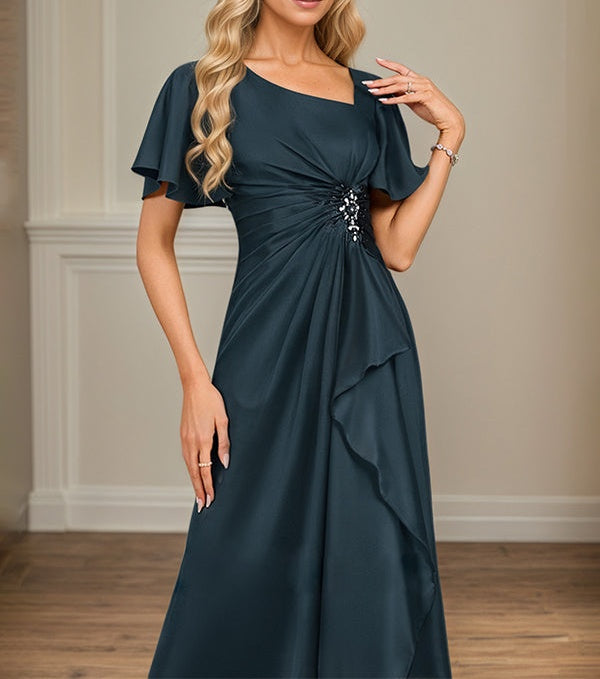A-Line Asymmetrical Floor-Length Matte Satin Mother of the Bride Dress With Beading Sequins Pleated
