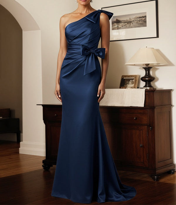 Dark Navy Sheath/Column One-Shoulder Satin Mother Of The Bride Dress With Bows