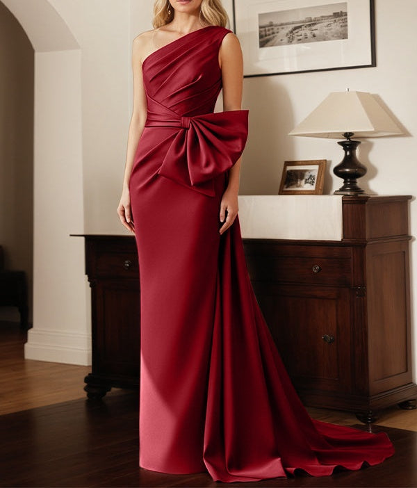 Sheath/Column One-Shoulder Satin Mother Of The Bride Dress With Bows
