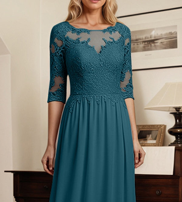 A-Line Scoop Neck 1/2 Sleeves Chiffon Mother Of The Bride Dresses With Lace Appliques