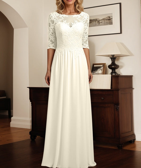 A-Line Scoop Neck 1/2 Sleeves Lace Chiffon Mother Of The Bride Dresses With Appliques
