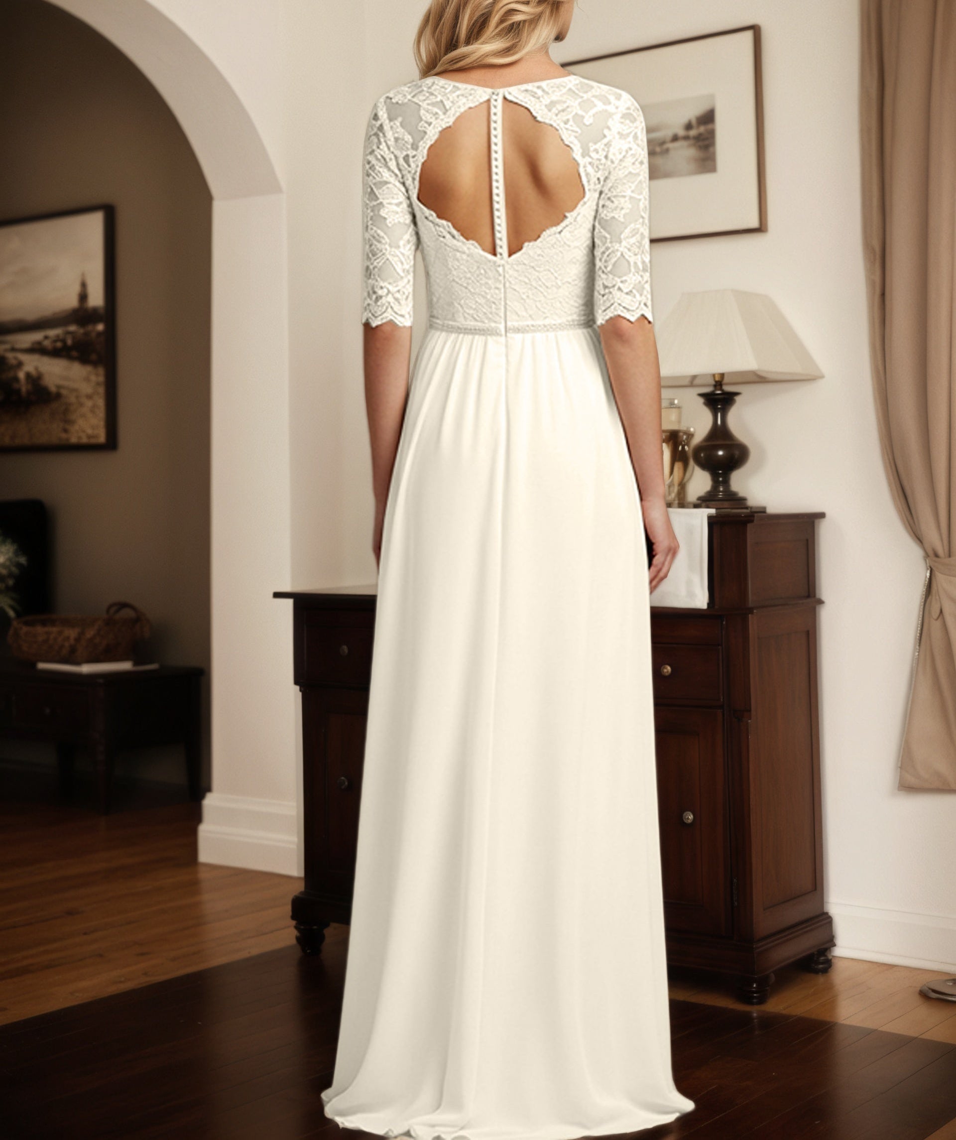 A-Line Scoop Neck 1/2 Sleeves Chiffon Mother Of The Bride Dresses With Appliques Lace
