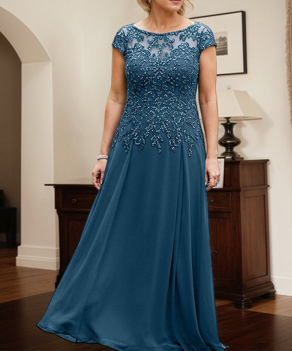 Ink Blue A-line Scoop Illusion Floor-Length Lace Chiffon Mother of the Bride Dress With Sequins