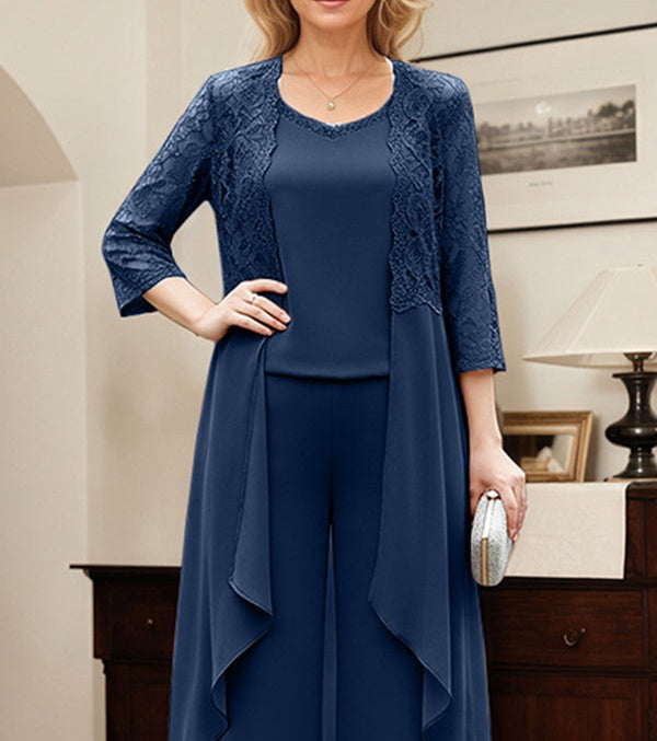 Navy Blue Separates Jumpsuit/Pantsuit Scoop Floor-Length Chiffon Mother of the Bride Dress