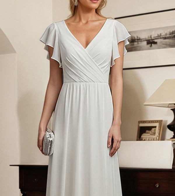 White A-line V-Neck Floor-Length Chiffon Mother of the Bride Dress With Pleated