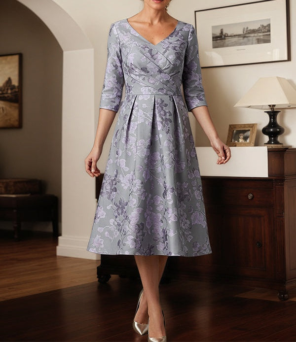 A-line V-Neck Tea-Length Floral Mother of the Bride Dress