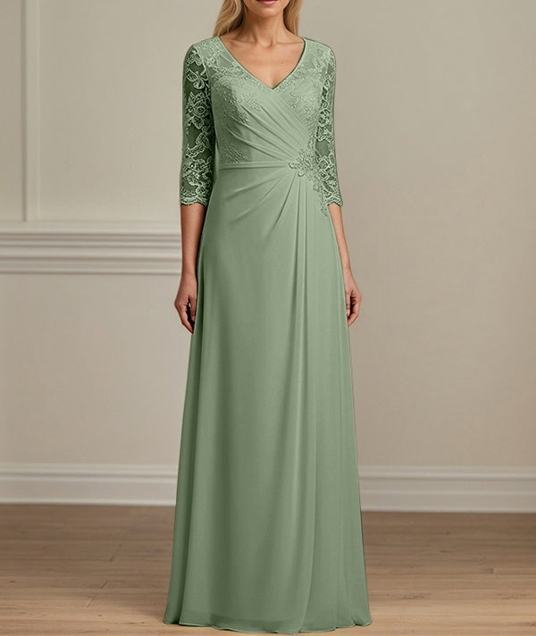 A-line V-Neck Floor-Length Lace Chiffon Mother of the Bride Dress With Pleated