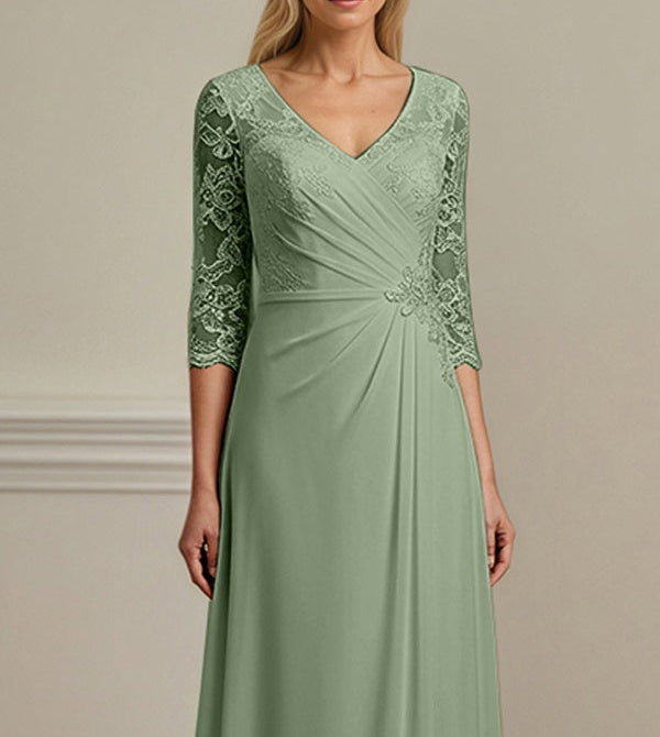A-line V-Neck Floor-Length Lace Chiffon Mother of the Bride Dress With Pleated