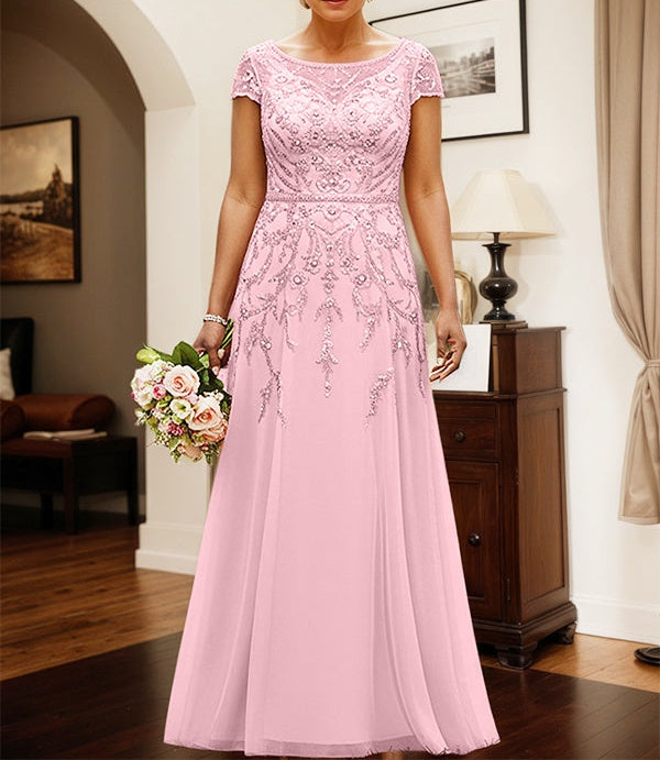 Candy Pink A Line Scoop Neck Chiffon Mother Of The Bride Dress With Appliques