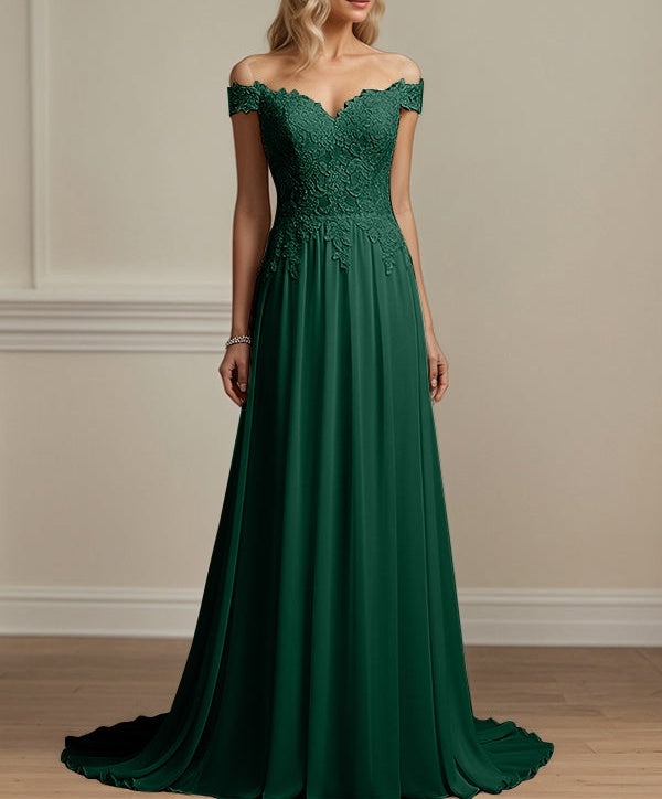 Dark Green A Line Off The Shoulder Chiffon Mother Of The Bride Dress With Appliques