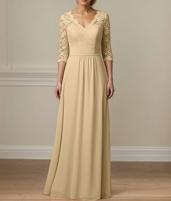 Champagne A Line Scoop-Neck Floor-Length Lace Chiffon Mother Of The Bride Dress With Appliques