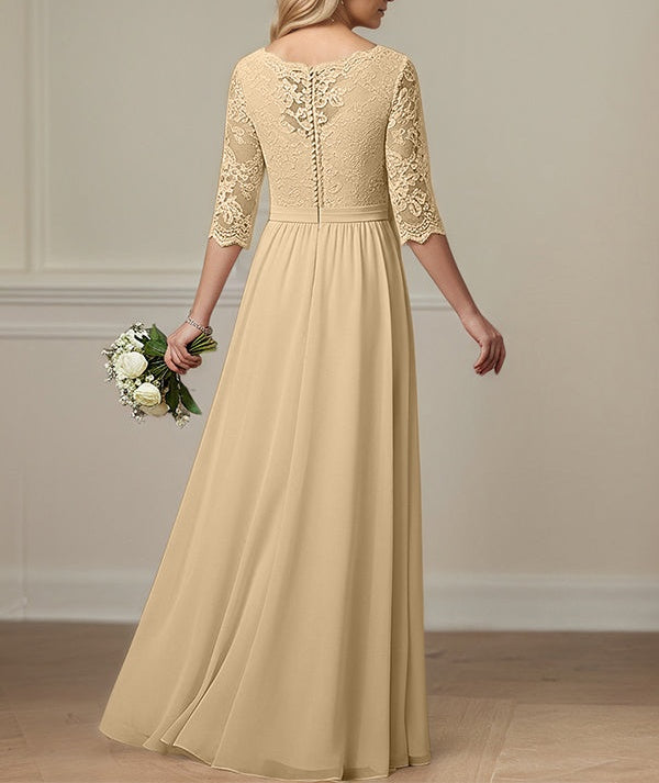 Champagne A Line Scoop-Neck Floor-Length Lace Chiffon Mother Of The Bride Dress With Appliques