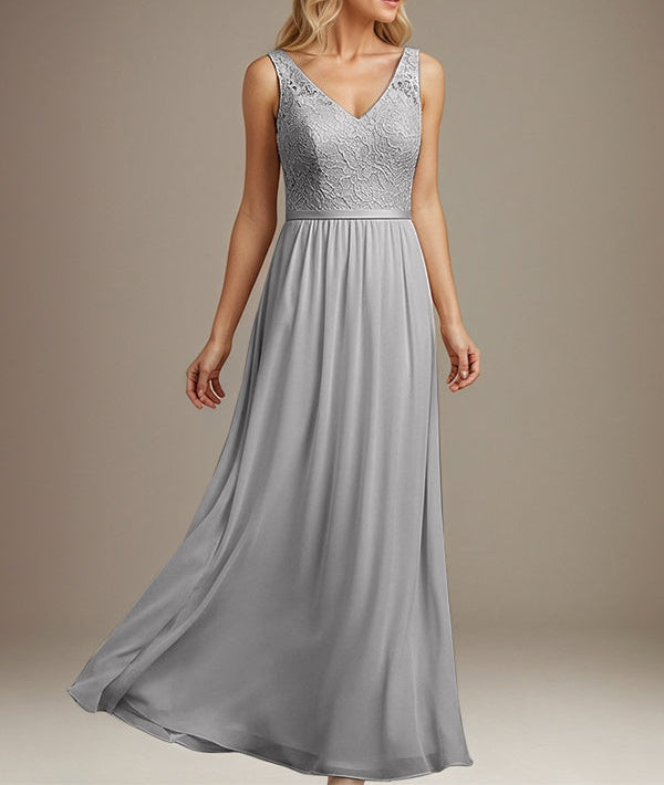 Dusty Blue A-line V Neck Floor-Length Lace Chiffon Mother of the Bride Dress
