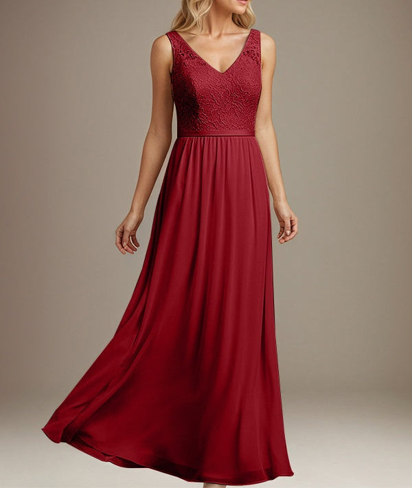 Dusty Blue A-line V Neck Floor-Length Lace Chiffon Mother of the Bride Dress