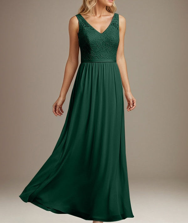 Dusty Blue A-line V Neck Floor-Length Lace Chiffon Mother of the Bride Dress