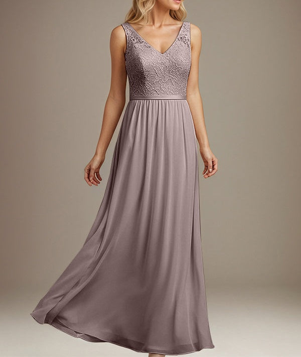 Dusty Blue A-line V Neck Floor-Length Lace Chiffon Mother of the Bride Dress