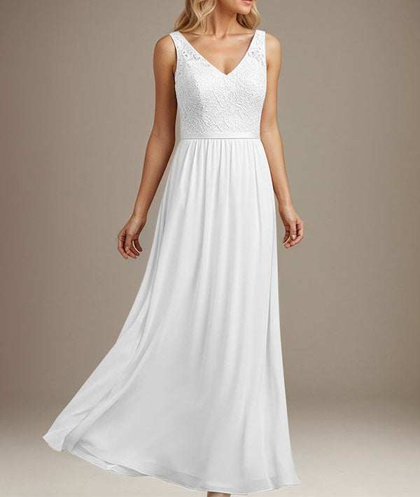 Dusty Blue A-line V Neck Floor-Length Lace Chiffon Mother of the Bride Dress