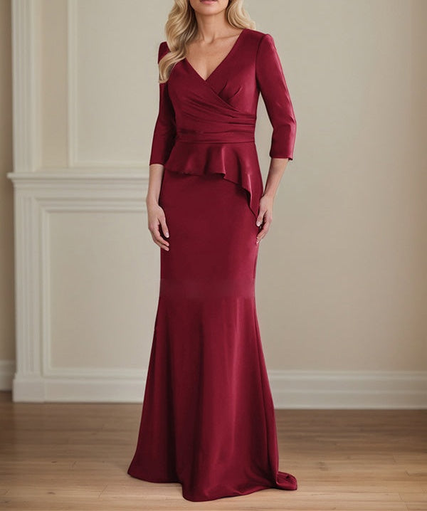 Modest Trumpet Long Sleeves V-Neck Satin Mother Of The Bride Dresses With Ruffle
