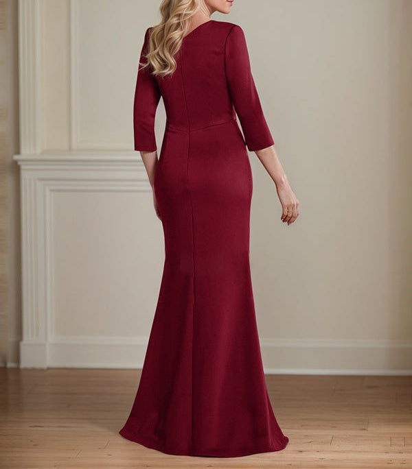 Modest Trumpet Long Sleeves V-Neck Satin Mother Of The Bride Dresses With Ruffle