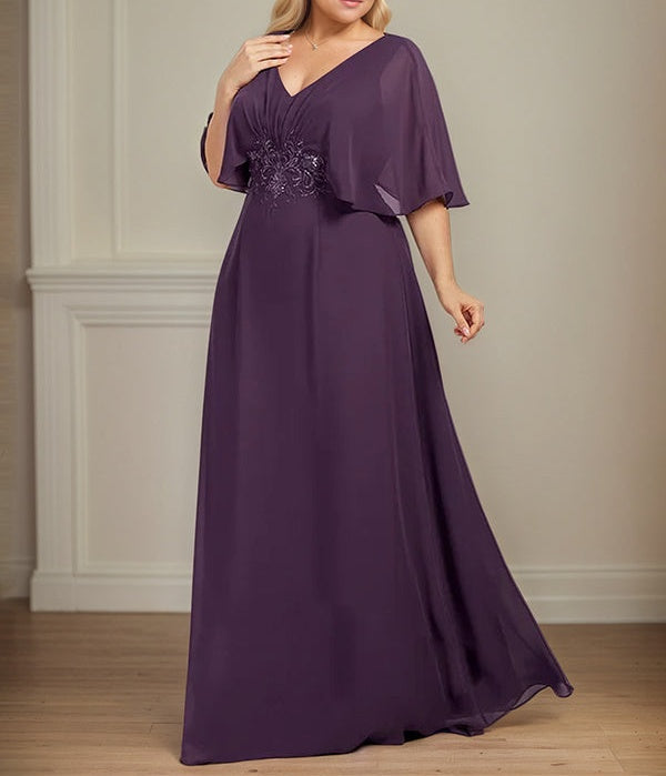 A-Line V-Neck Floor-Length Chiffon Mother of the Bride Dress With Appliques Pleated