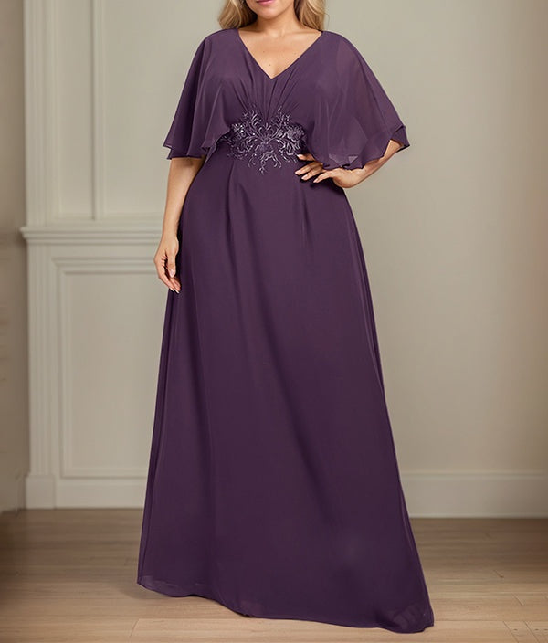 A-Line V-Neck Floor-Length Chiffon Mother of the Bride Dress With Appliques Pleated
