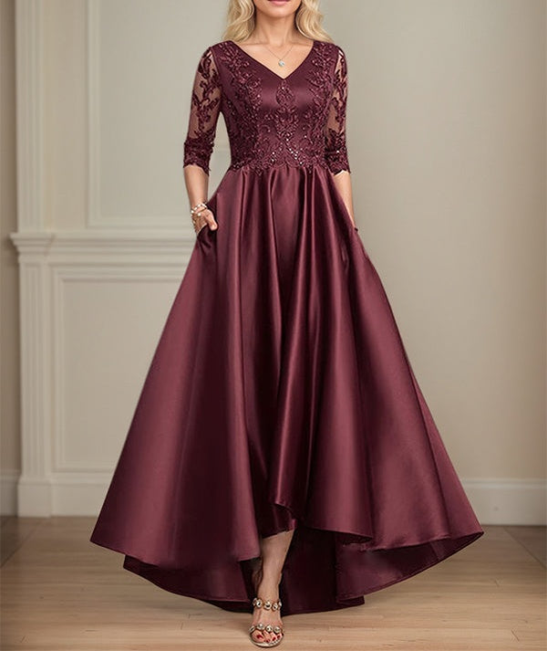 A-line V-Neck Asymmetrical Satin Lace Mother of the Bride Dress With Sequins
