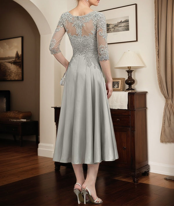 Silver A-line Illusion Scoop Tea-Length Lace Satin Mother of the Bride Dress With Beading Sequins