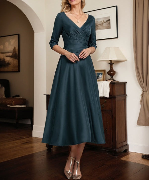 Dark Navy A-line V-Neck Tea-Length Matte Satin Mother of the Bride Dress With Pleated