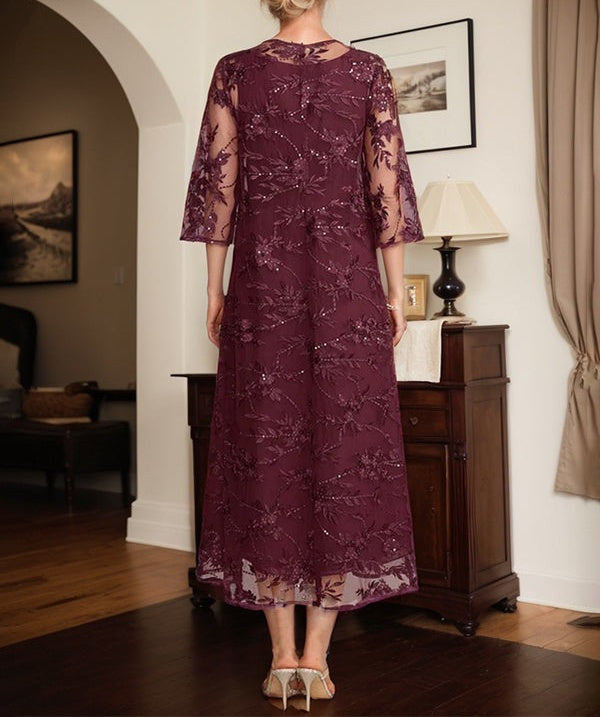 Cabernet A Line Scoop Tea-Length Lace Chiffon Mother of the Bride Dress