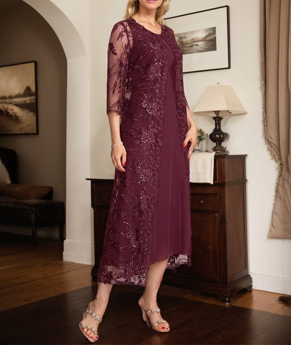 Cabernet A Line Scoop Tea-Length Lace Chiffon Mother of the Bride Dress