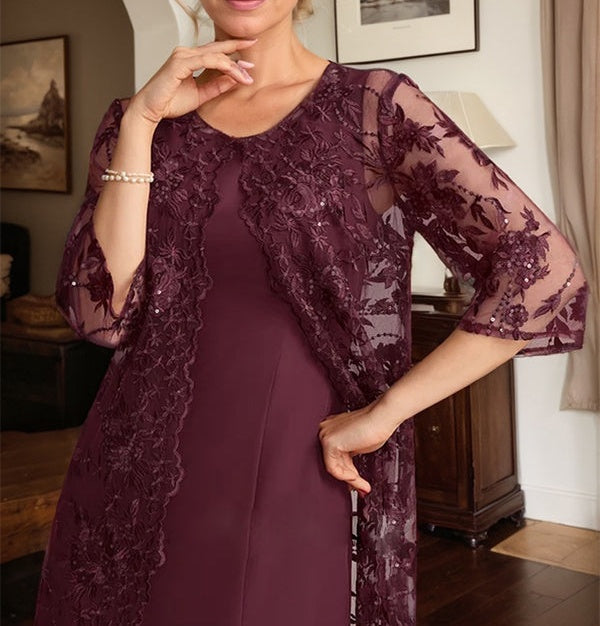 Cabernet A Line Scoop Tea-Length Lace Chiffon Mother of the Bride Dress