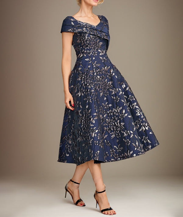 A-Line V-Neck Tea-Length Jacquard Floral Mother of the Bride Dress