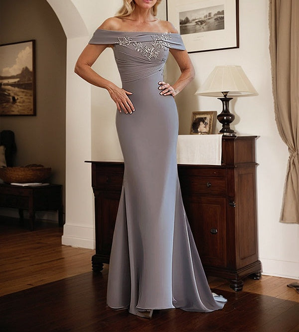 Chic Grey Satin Mother of the Bride Dress with Lace