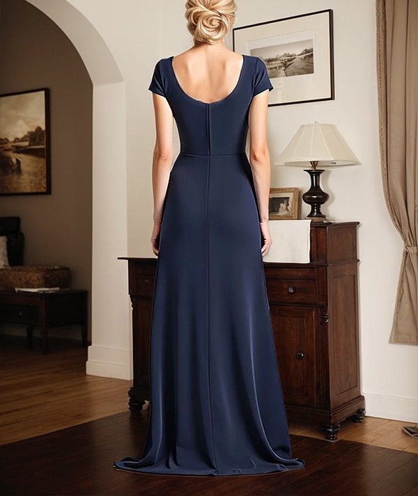 Navy Square Neck Long Mother of the Bride Dress with Bowknot