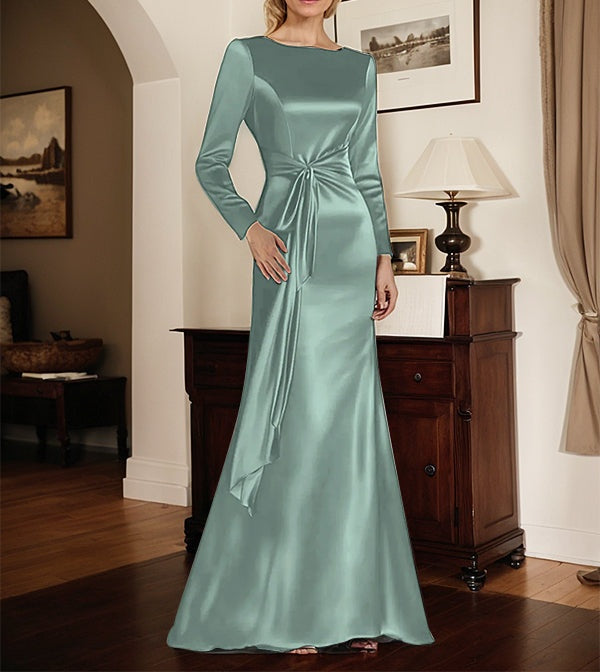 Satin Sheath Long Sleeves Mother of the Bride Dress with Side Waist