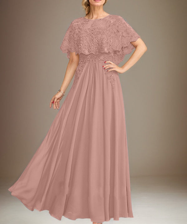 A-line Boat Neck Floor-Length Lace Chiffon Mother of the Bride Dress With Applique Sequins