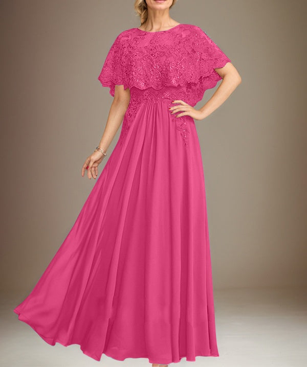 A-line Boat Neck Floor-Length Lace Chiffon Mother of the Bride Dress With Applique Sequins