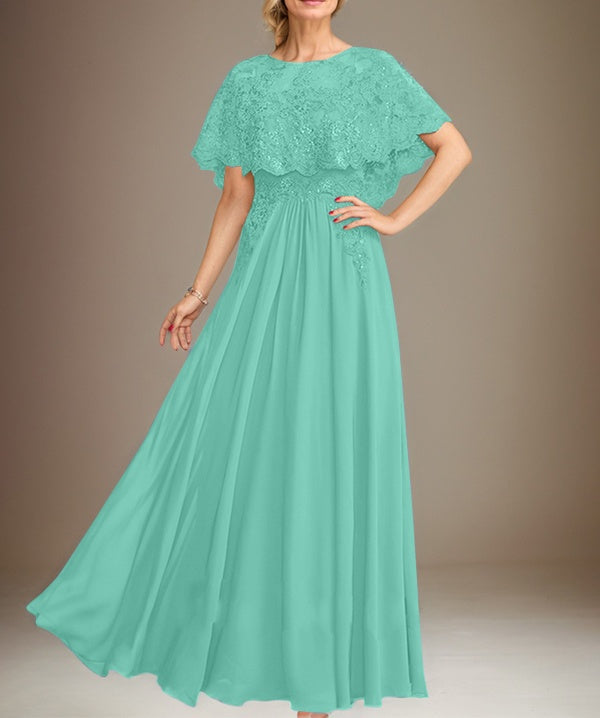 A-line Boat Neck Floor-Length Lace Chiffon Mother of the Bride Dress With Applique Sequins