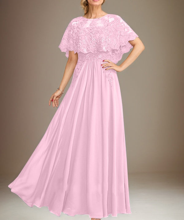 A-line Boat Neck Floor-Length Lace Chiffon Mother of the Bride Dress With Applique Sequins