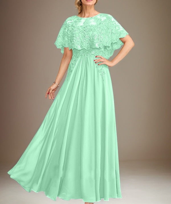 A-line Boat Neck Floor-Length Lace Chiffon Mother of the Bride Dress With Applique Sequins