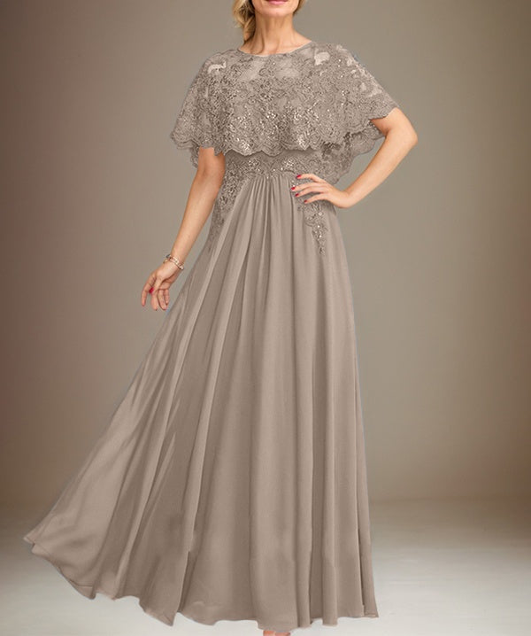 A-line Boat Neck Floor-Length Lace Chiffon Mother of the Bride Dress With Applique Sequins