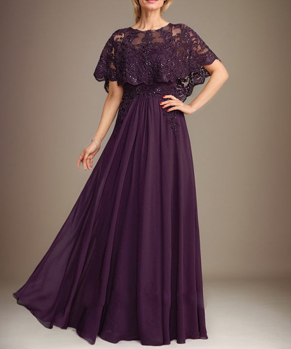 A-line Boat Neck Floor-Length Lace Chiffon Mother of the Bride Dress With Applique Sequins