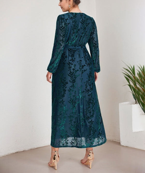 A-Line V-Neck Long Sleeves Velvet Tea-Length Mother of the Bride Dress With Split