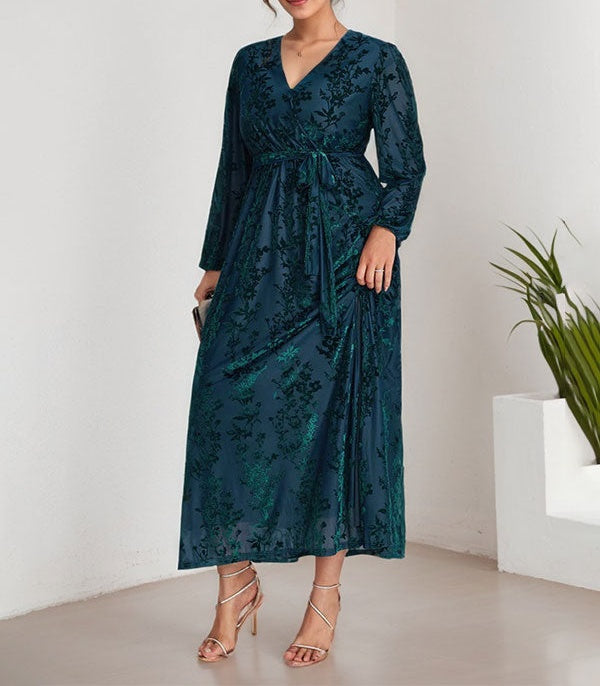 A-Line V-Neck Long Sleeves Velvet Tea-Length Mother of the Bride Dress With Split