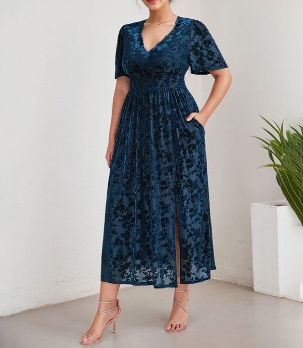 Plus Size A-Line V-Neck Velvet Tea-Length Mother of the Bride Dress