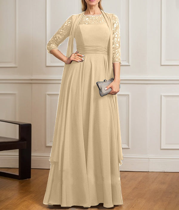 A-line Scoop Illusion Floor-Length Lace Chiffon Mother of the Bride Dress With Pleated